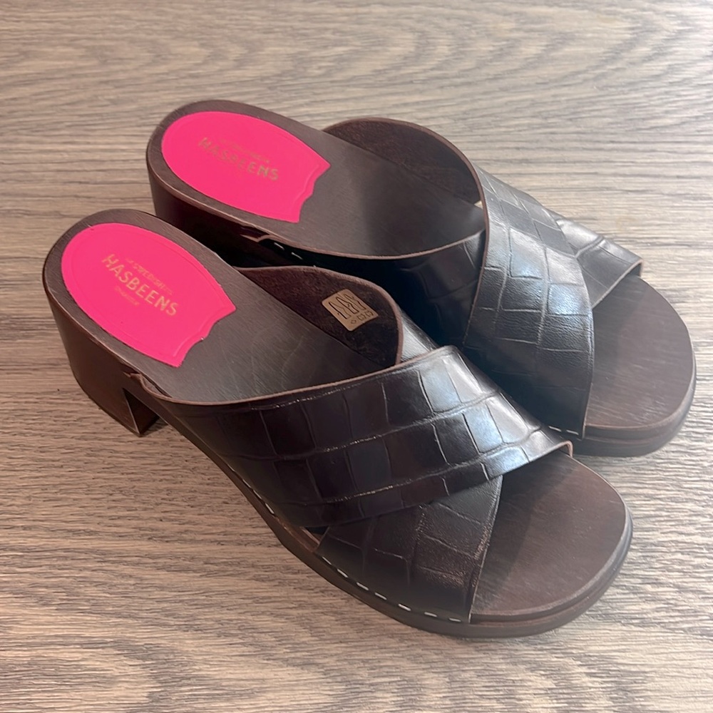 Swedish Hasbeens Wooden Slip-On Platform Sandal - Annette High Brown Croc